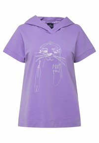 Sudadera corta de manga corta con capucha en color púrpura, hecha de algodón, con un gráfico de dibujo lineal en blanco de una cara que lleva el texto "Moin". Textura suave.