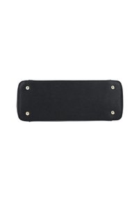 Base en cuir noir avec une finition texturée, bords arrondis et quatre pieds en métal doré pour le support.