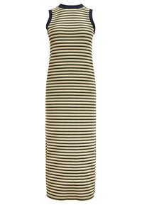 Gestreiftes ärmelloses Kleid mit gerippter Textur in Grün, Gelb und Marineblau. Langer, figurbetonter Schnitt mit Seitenschlitzen am Saum.