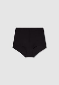 Mutande nere a vita alta con una texture liscia, fascia larga e senza cuciture visibili. Design classico, adatto per l'uso quotidiano.