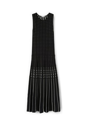 Vestido negro sin mangas de punto con rayas blancas verticales, ajustado en la parte superior y falda plisada acampanada en la parte inferior.