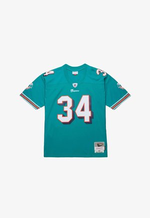 Tiffanyfarbenes NFL-Trikot mit weißen und orangefarbenen Akzenten, das die Zahl 34 prominent auf der Vorderseite zeigt. Enthält das Teamlogo auf den Ärmeln und ein Etikett am Saum.