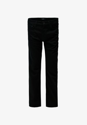 Jeans in denim nero con design a gamba dritta, dotati di tasche anteriori, chiusura con bottone e una texture liscia. Nessun motivo o accento visibile.