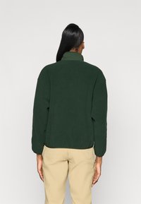 Tume rohelise fleece'iga pullover kõrge kaelusega, langetatud õlavarred ja lõtv sobivus. Kangas näeb pehme välja ja omab peenelt tekstuuri.