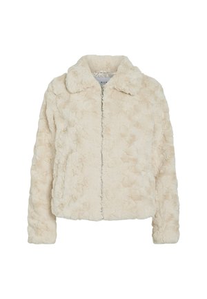 Lichtbeige faux fur jas met een ritsluiting, notch kraag en een gestructureerd, pluche oppervlak. Beschikt over lange mouwen en een cropped pasvorm.