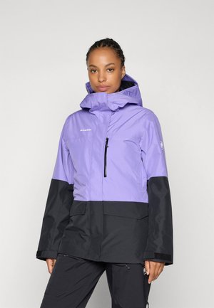 Purple and black waterproof jacket with a hood, featuring a zippered chest pocket and adjustable cuffs. Smooth texture.