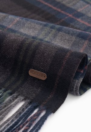 Écharpe en laine dans des tons sombres avec un motif à carreaux. Présente des bords frangés et une étiquette en bronze estampillée avec "ombre". Texture douce.