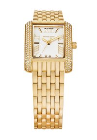 Goldener rechteckiger Chronograph mit einem weißen Zifferblatt, römischen Ziffern als Markierungen und Kristallakzenten auf der Lünette, ausgestattet mit einem goldenen Gliederarmband.
