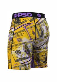 Pánske boxerky s výrazným žltým a fialovým celoplošným vzorom amerických peňazí, s čiernym pásom s logom "PSD."