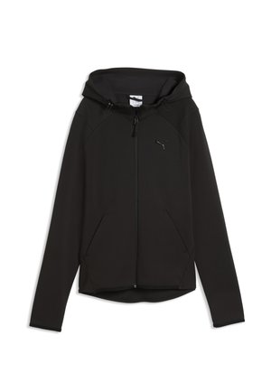 Sweat à capuche noir zippé avec manches longues, poches avant, cordons à la capuche et petit logo Puma sur la poitrine.
