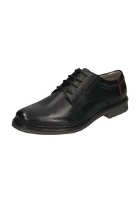 Schwarze Leder Schnürschuhe für Herren mit braunem Absatz und genähten Sohlen, auf der Seite mit "bugatti" markiert.