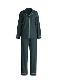 Dunkelgrünes Schlafanzugset aus weichem Stoff. Langärmlige, knöpfbare Bluse mit weißem Piping, passende Hose mit geradem Schnitt und umgeschlagenem Saum.