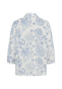 Weißes Langarmhemd mit blauen, floralen Linienzeichnungen und klassischem Kragen, Rückansicht.