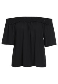 Haut noir décolleté épaules en tissu léger, doté d'un col froncé et de manches courtes larges pour une coupe décontractée.