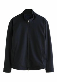 Navy Zip-Up-Jacke aus weichem Stoff, mit hohem Kragen, langen Ärmeln, zwei seitlichen Taschen und einer glatten Textur.