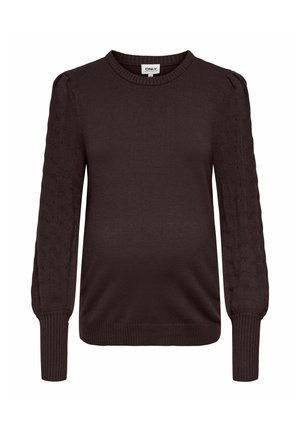Pull en maille marron foncé avec manches longues bouffantes et texturées, finitions en côtes aux poignets, au col et à l'ourlet.