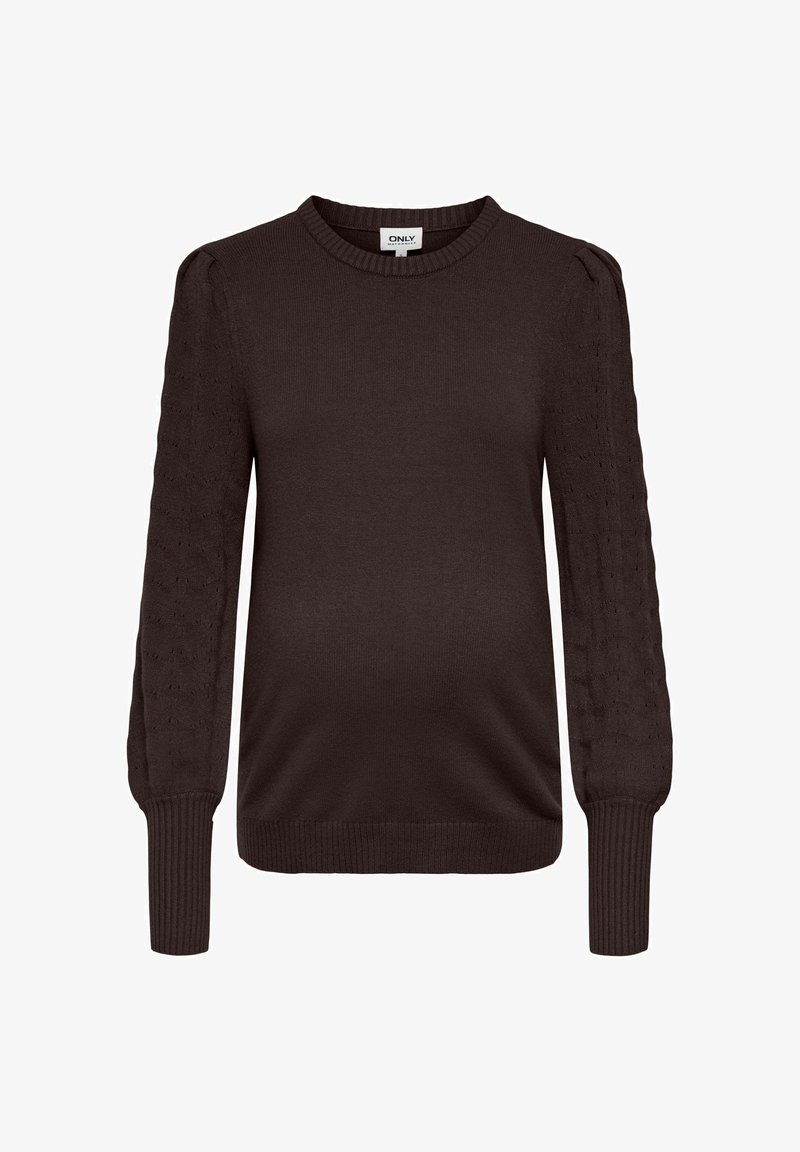 Pull en maille marron foncé avec manches longues bouffantes et texturées, finitions en côtes aux poignets, au col et à l'ourlet.