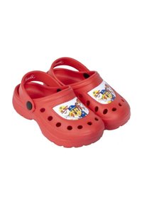 Red rubber clogs featuring cut-out holes and a white patch with cartoon characters. Includes a back strap for support.