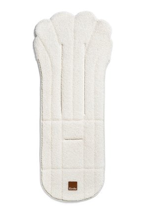 Morbido rivestimento bianco testurizzato per passeggino con sezioni imbottite e una piccola etichetta marrone al centro inferiore con la scritta "Elodie".