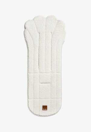 Blød hvid tekstureret barnevognsforing med polstrede sektioner og et lille brunt mærke nederst i midten med teksten "Elodie."