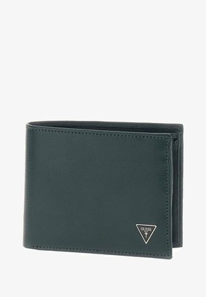 Green textured leather wallet with a triangular silver logo. Bi-fold design featuring stitched edges and multiple card slots inside.