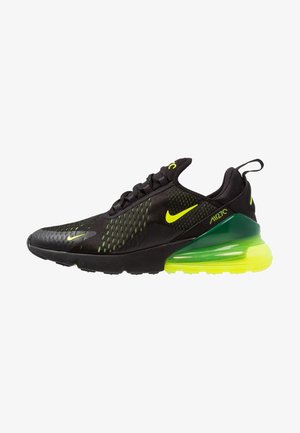 Czarne i neonowo-zielone buty Nike Air 270 z siateczkową cholewką, widoczną podeszwą z poduszką powietrzną i neonowożółtymi logo Swoosh po bokach i na czubku.