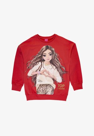 Red sweatshirt featuring a graphic design of a girl with long hair, wearing a white top and leopard-print bottom. "TOP Model" text included.