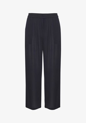Navy wide-leg pants with an elastic waistband and pleated front. Made from lightweight fabric, offering a flowy design and soft texture.