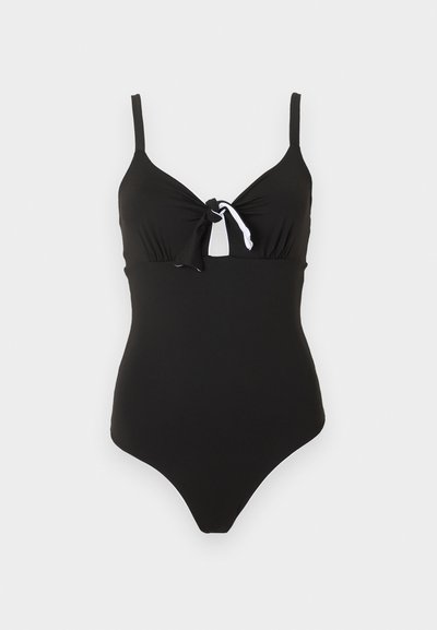 Μαύρο ολόσωμο μαγιό με ρυθμιζόμενους ιμάντες ώμου και λεπτομέρεια κόμπου μπροστά πάνω από μια μικρή οπή σε σχήμα κλειδιού.