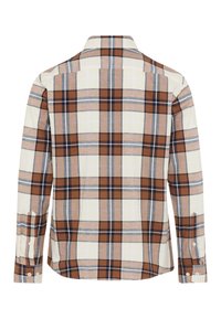 Langärmliges Karoshemd aus leichtem Stoff mit einem braunen, beige und marineblauen Karomuster; beinhaltet eine Rückenpasse und Knopfmanschetten.