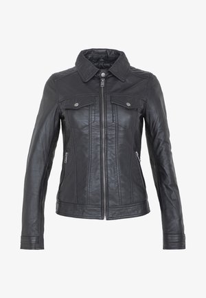 Czarna dopasowana skórzana kurtka z przednim zamkiem błyskawicznym, kieszeniami na piersi na zatrzaski, zamykanymi na zamek bocznymi kieszeniami oraz klasycznym kołnierzem.