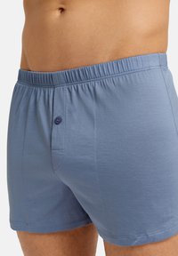 Ljusblå bomullsboxershorts med resårmidja, som har en knäppt gylf och enkel sömnad. Mjuk textur med en avslappnad passform.