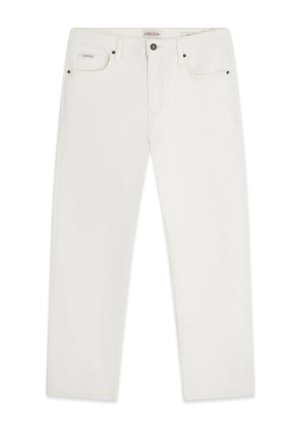 Fehér egyenes szárú farmer gombos és cipzáras záródással, első és hátsó zsebekkel, valamint márkajelzett címkével a derékpánton és a zsebén.