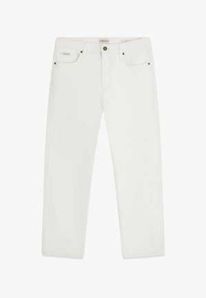 Fehér egyenes szárú farmer gombos és cipzáras záródással, első és hátsó zsebekkel, valamint márkajelzett címkével a derékpánton és a zsebén.