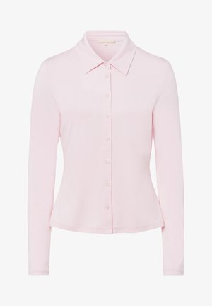 Camisa de manga larga rosa clara con cuello, cierre de botones en la parte delantera y silueta ajustada. Hecha de una tela suave y lisa.