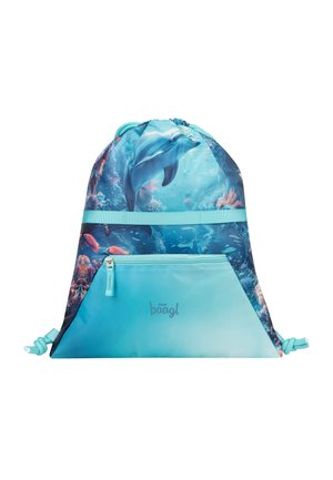 Zaino con coulisse caratterizzato da un vivace design sottomarino con un delfino, realizzato in tessuto liscia, con una tasca frontale con zip e spallacci regolabili.