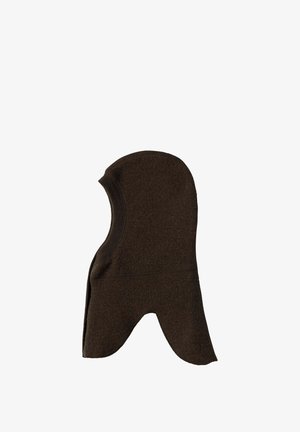 Tumši brūns vilnas balaklava ar pagarinātu kakla un zoda aizsardzību, ar izgriezumu sejas daļai.