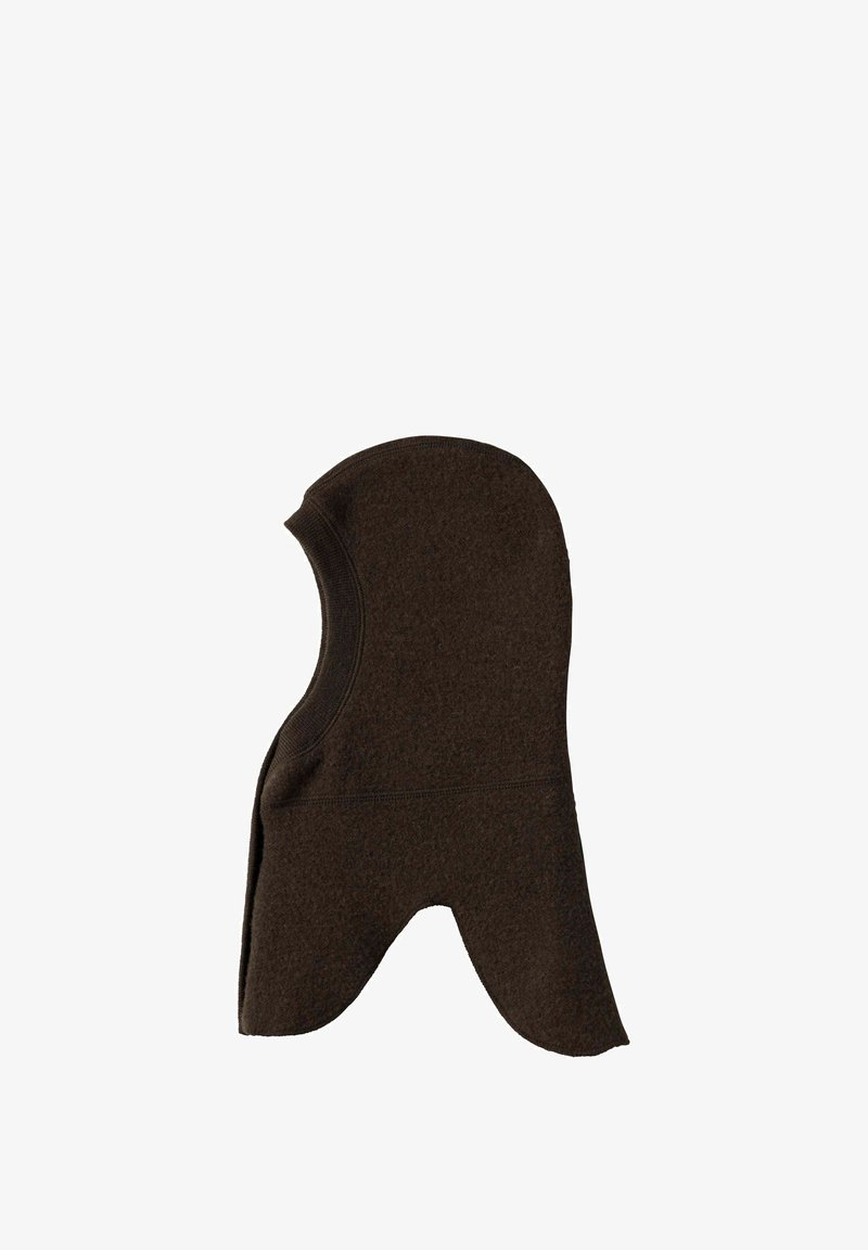 Tumši brūns vilnas balaklava ar pagarinātu kakla un zoda aizsardzību, ar izgriezumu sejas daļai.