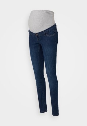 Schwangerschaftsjeans aus dunkelblauem Denim mit einem grauen dehnbaren Bund. Slim-Fit-Design im klassischen Fünf-Taschen-Stil mit Gürtelschlaufen.