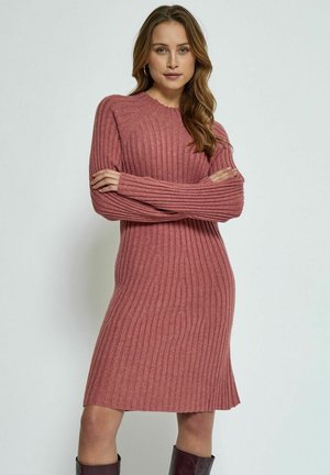 Knit dress in dusty rose, featuring vertical ribbed texture, long sleeves, and a slightly flared hem. Mid-length style.