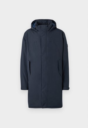 Navy modrá parka s kapucí, rovného střihu, s bočními kapsami a hladkým povrchem. Obsahuje minimální švy a žádné viditelné kovové prvky.
