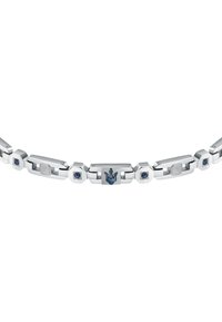 RVS armband met een hexagonale vorm, blauwe accenten en een centraal embleem, met zowel een gepolijste als een gestructureerde afwerking.