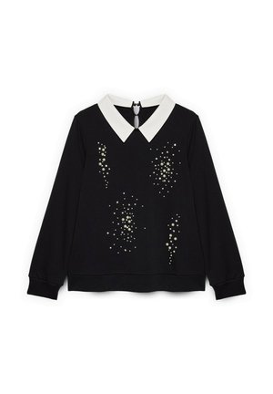 Zwarte sweater met een witte kraag, voorzien van decoratieve kralenachtige accenten aan de voorkant, lange mouwen en een sluiting aan de achterkant.