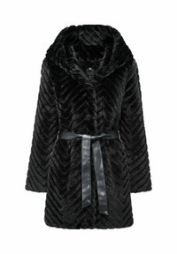 Czarny sztuczny futerko z wzorem w zygzak, szerokim kołnierzem, długimi rękawami i paskiem w talii, wykonany z eleganckiego czarnego materiału.