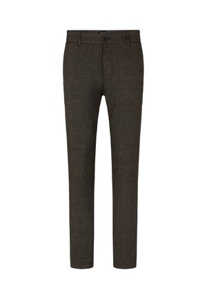 Dunkelbraune maßgeschneiderte Hose, aus gewebtem Stoff mit subtiler Textur, mit einem Knopfverschluss und vorderen Taschen.