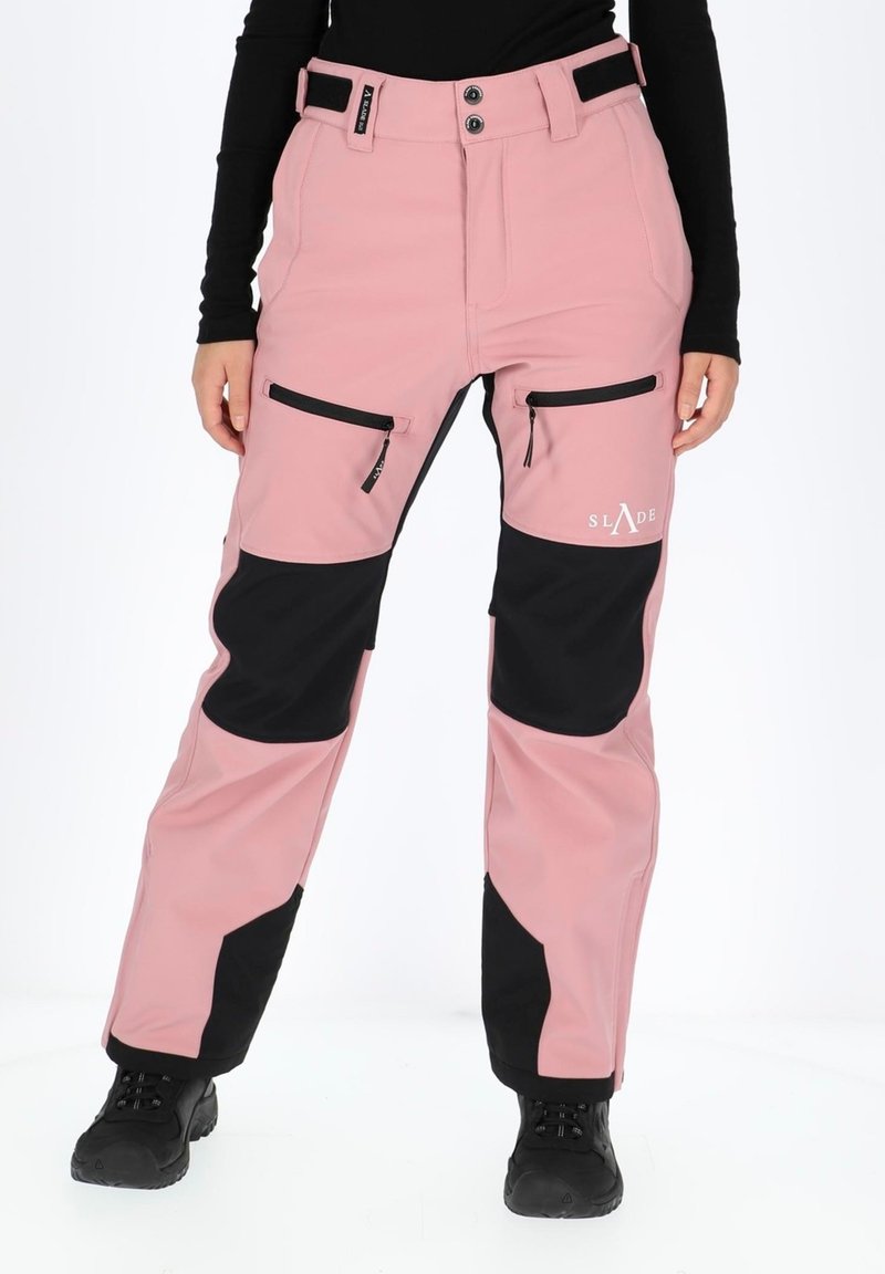 Pink and black ski pants with a water-resistant finish, featuring two zippered pockets, adjustable waist, and reinforced knee areas.