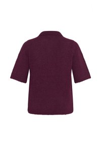 Kurzärmliger, kastanienbrauner Strickpullover mit Kragen. Weiche Textur und lockere Passform, mit gerippten Details an den Ärmeln und dem Saum.