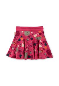 Rosa ausgestellte Baumwollrock mit verschiedenen Tier- und Herzmustern in kontrastierenden Farben. Mit einem dehnbaren Bund für zusätzlichen Komfort.