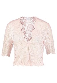 Růžový krajkový top s krátkými rukávy, květinový vzor, vlnitý lem, hluboký výstřih do V, poloprůhledná textura a složité detaily.