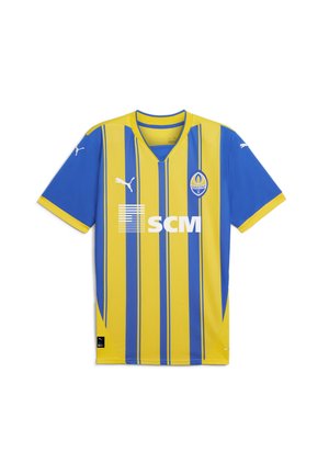 Yellow and blue football jersey with short sleeves. Vertical stripes, V-neck, and logo on the chest. Made of breathable fabric.